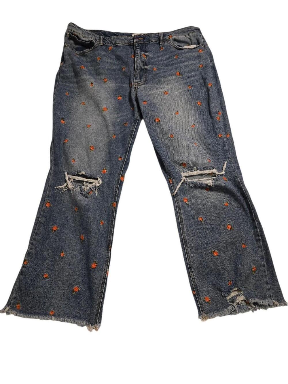 True Craft Distressed Straight Leg Jeans Blue Red Floral Rose Embroidered Sz 18w